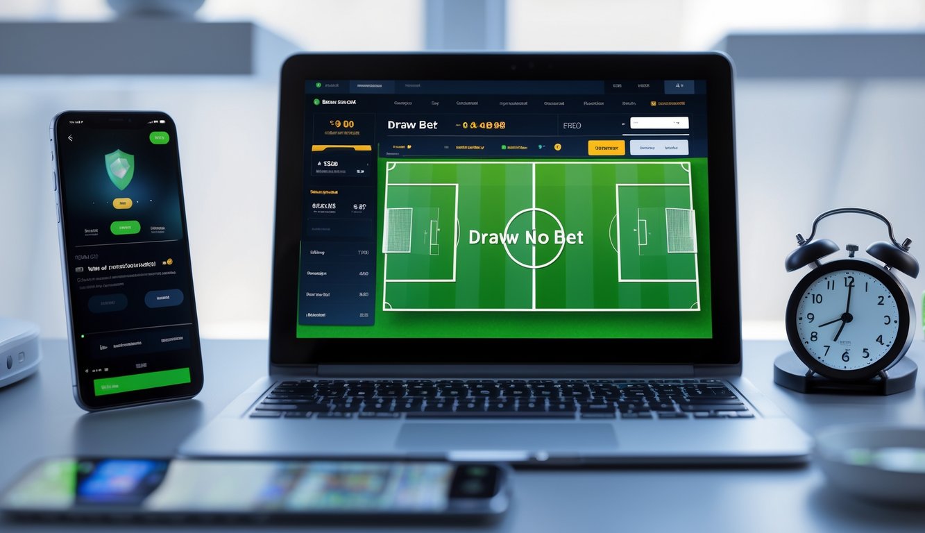 Tampilan layar komputer dengan antarmuka taruhan sepak bola online yang menampilkan opsi 'Draw No Bet' dan elemen yang menunjukkan akses cepat 24 jam.