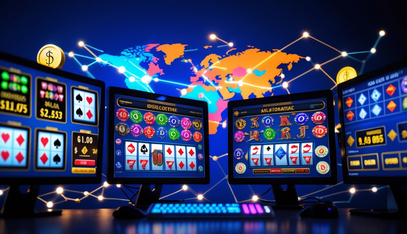 Suasana kasino online modern dengan komputer dan layar yang menampilkan permainan kasino berwarna-warni serta peta dunia di latar belakang.