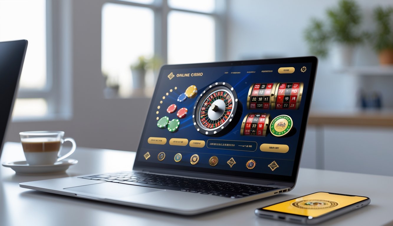 Antarmuka kasino online resmi ditampilkan pada laptop dan smartphone di atas meja kerja dengan suasana kantor yang tenang.