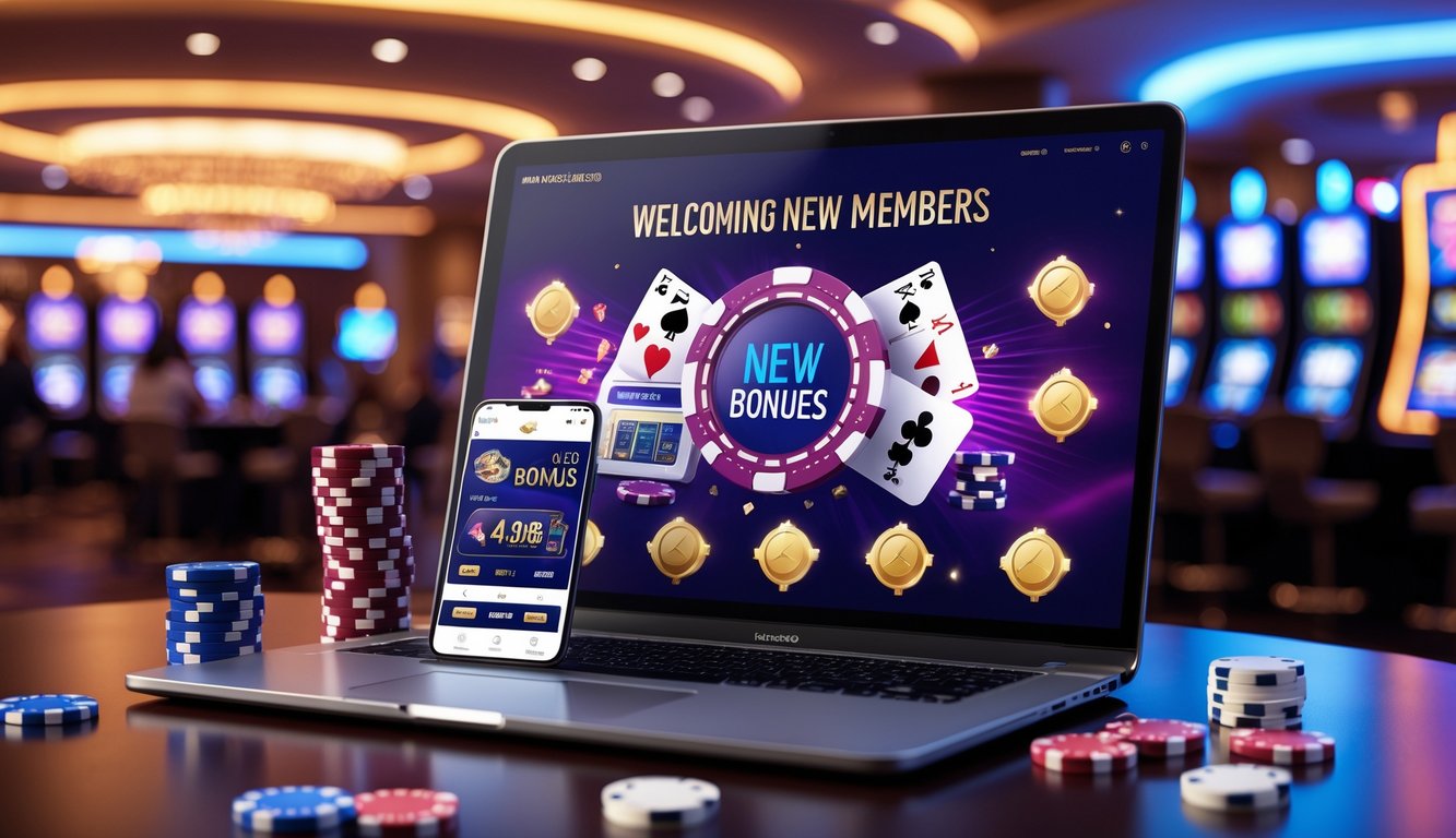 Suasana kasino online dengan laptop dan ponsel menampilkan chip kasino dan kartu remi, dengan latar belakang meja poker dan lampu neon.