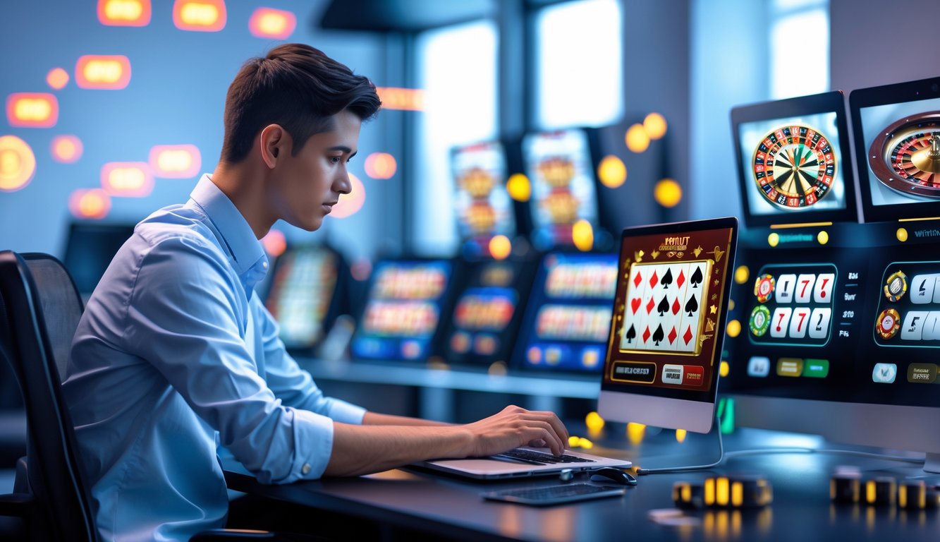 Seorang dewasa muda menggunakan laptop di meja dengan beberapa layar menampilkan permainan kasino online dan ikon pembayaran digital di latar belakang.