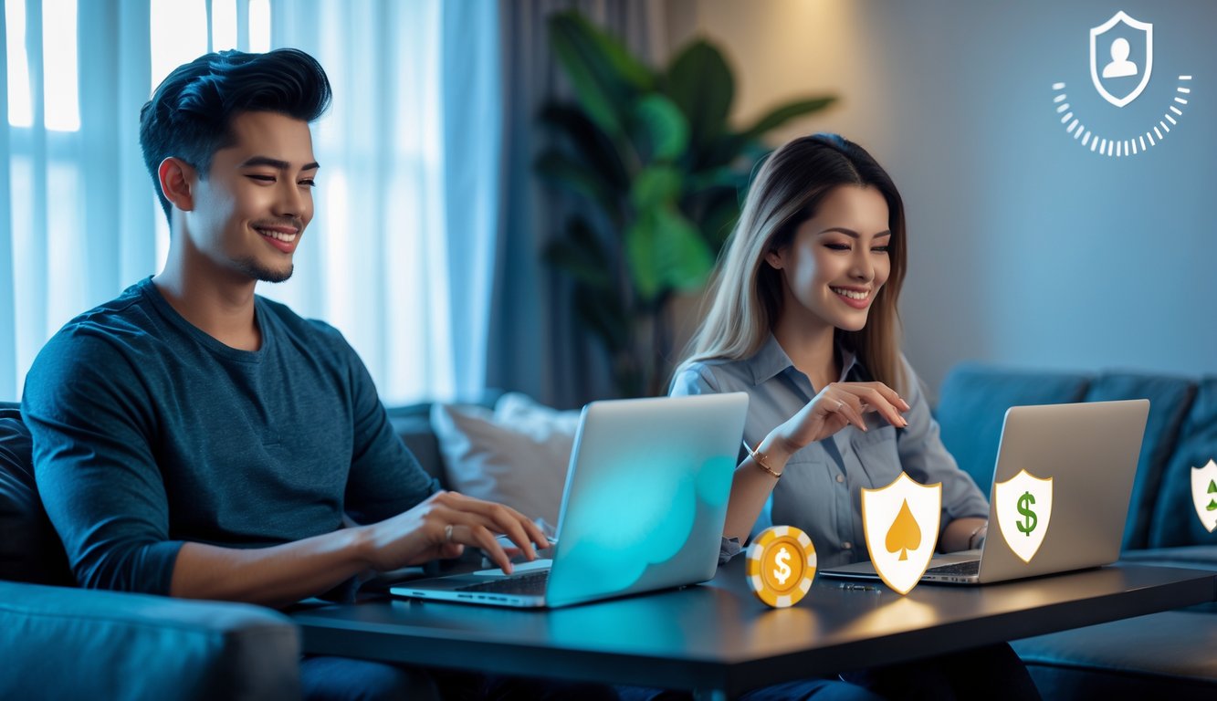 Dua orang dewasa muda duduk di ruang tamu modern sambil menggunakan laptop dan ponsel, menunjukkan ekspresi puas dan nyaman saat melakukan transaksi kasino online.