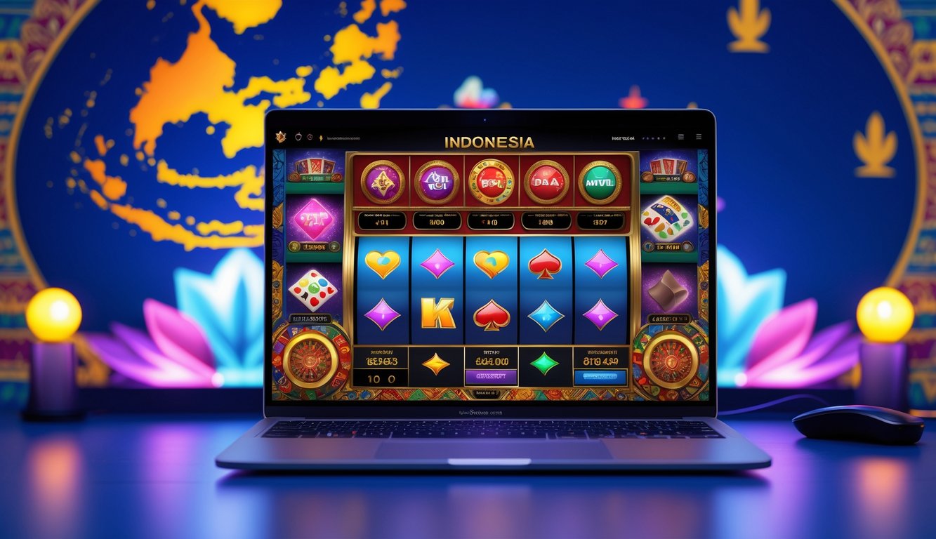 Layar komputer menampilkan antarmuka kasino online dengan berbagai permainan, latar belakang menampilkan elemen budaya Indonesia yang halus.