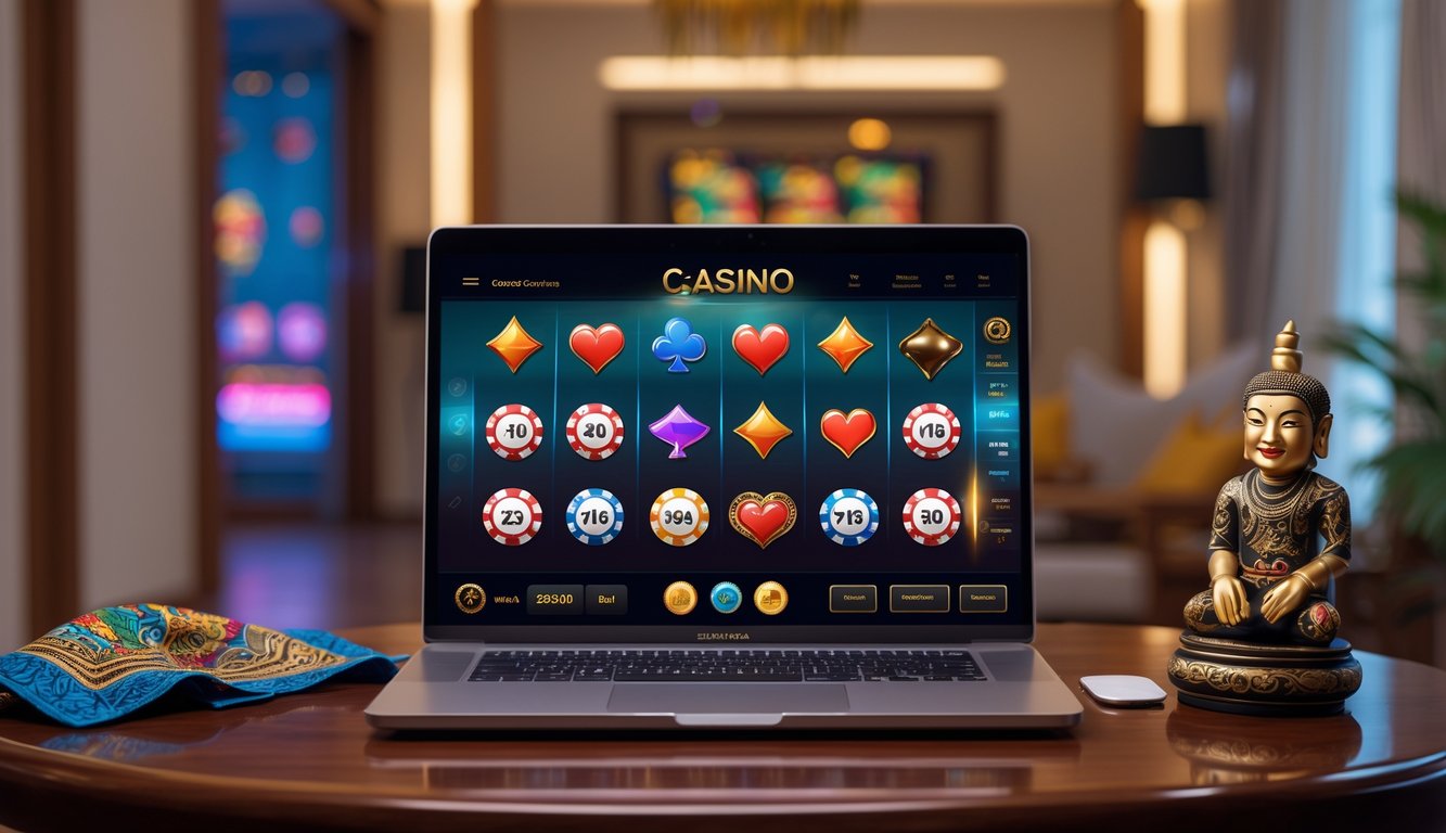 Sebuah laptop di atas meja kayu menampilkan permainan kasino online dengan latar belakang dekorasi budaya Indonesia di ruangan yang nyaman.
