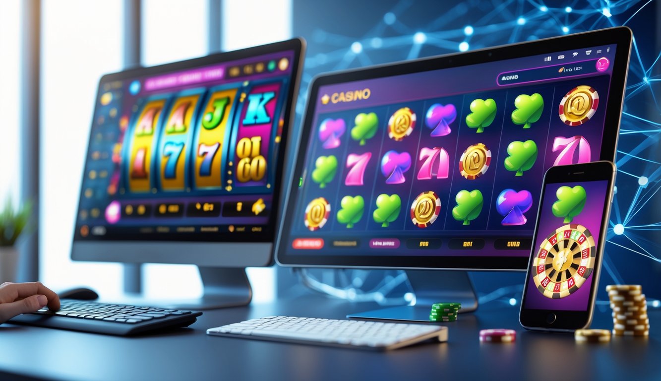 Seorang pengguna sedang bermain permainan kasino online di komputer dan ponsel dengan latar belakang pola jaringan digital yang menunjukkan keamanan dan koneksi yang andal.