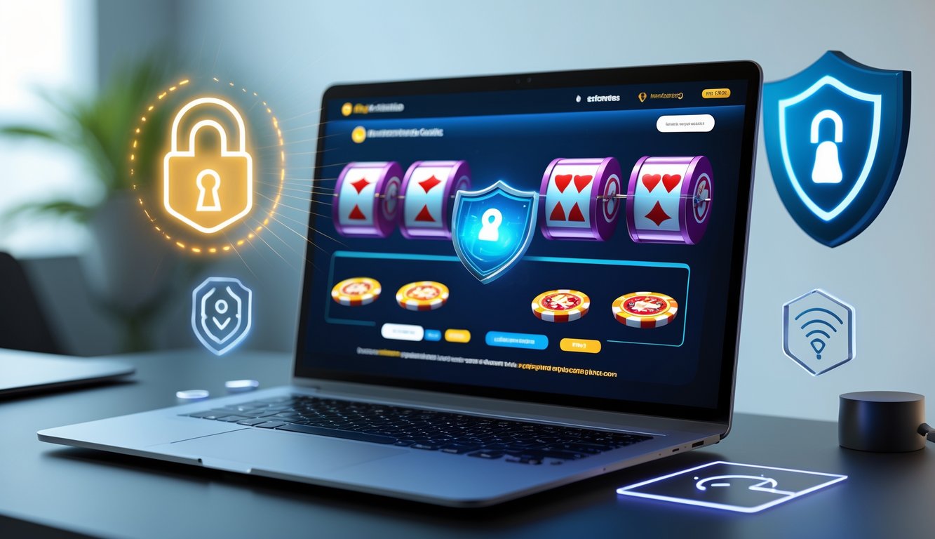 Sebuah laptop di meja kerja menampilkan tampilan kasino online dengan ikon keamanan seperti gembok digital dan perisai, menggambarkan akses aman ke kasino online resmi.