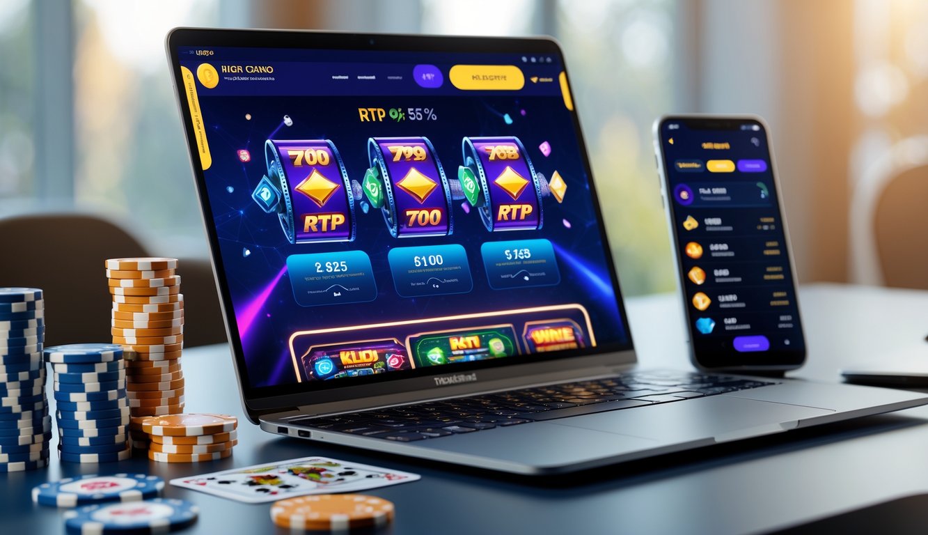 Sebuah laptop menampilkan situs kasino online dengan grafik mesin slot dan statistik RTP, dikelilingi oleh chip kasino dan kartu remi di atas meja.