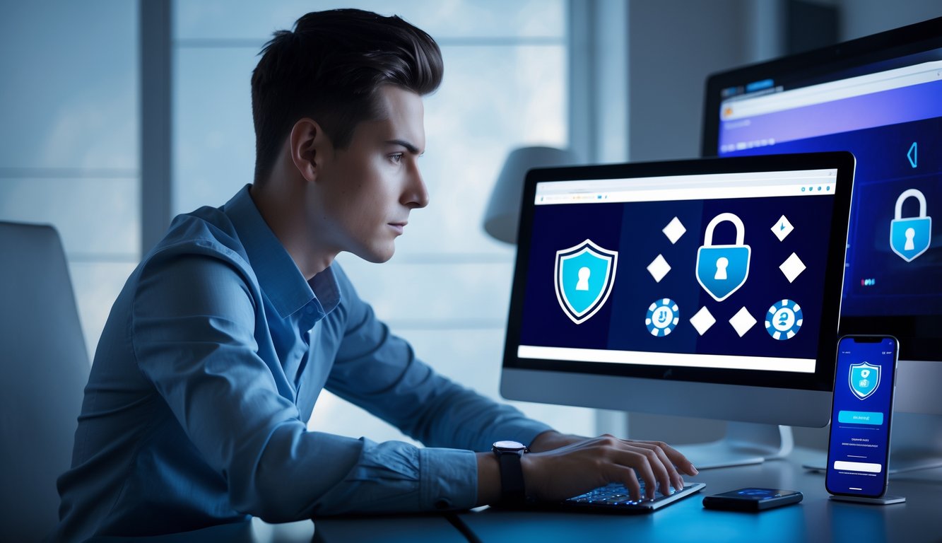 Seorang dewasa muda duduk di meja dengan laptop dan ponsel, melihat layar yang menampilkan simbol kasino dan ikon keamanan.