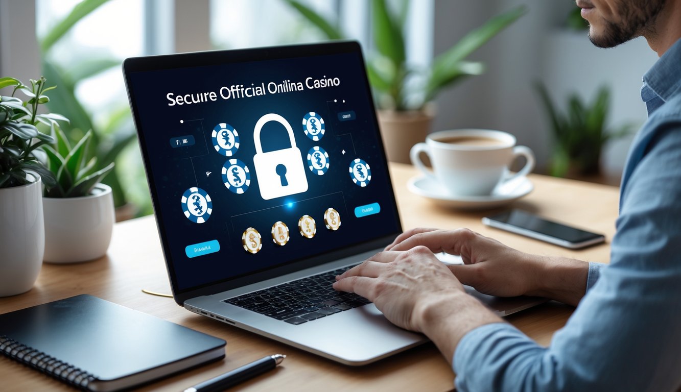 Seseorang menggunakan laptop di ruang kerja modern dengan elemen yang menunjukkan kasino online dan simbol keamanan.