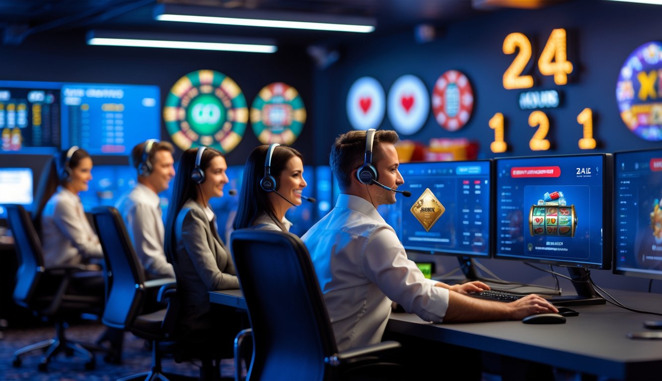 Tim layanan pelanggan kasino online sedang bekerja dengan headset di meja kantor dengan monitor komputer, menunjukkan layanan 24 jam.