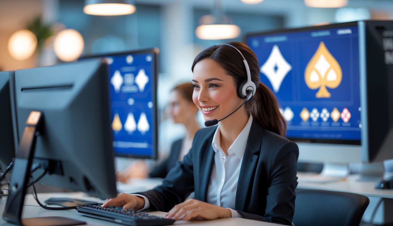 Seorang perwakilan layanan pelanggan yang ramah memakai headset di kantor modern dengan beberapa monitor komputer di latar belakang.