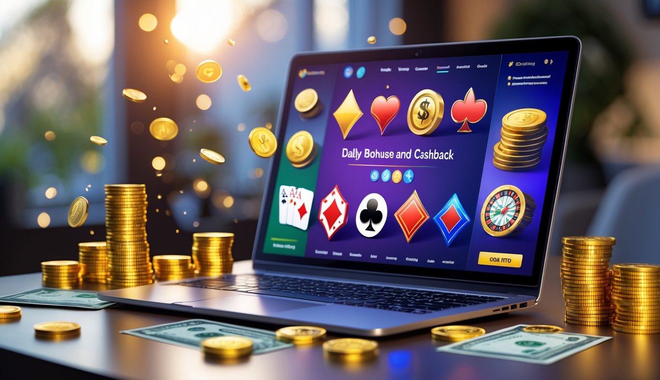 Seorang pengguna sedang bermain kasino online dengan komputer di meja, dikelilingi oleh tumpukan koin emas dan uang tunai yang melambangkan bonus harian dan cashback.