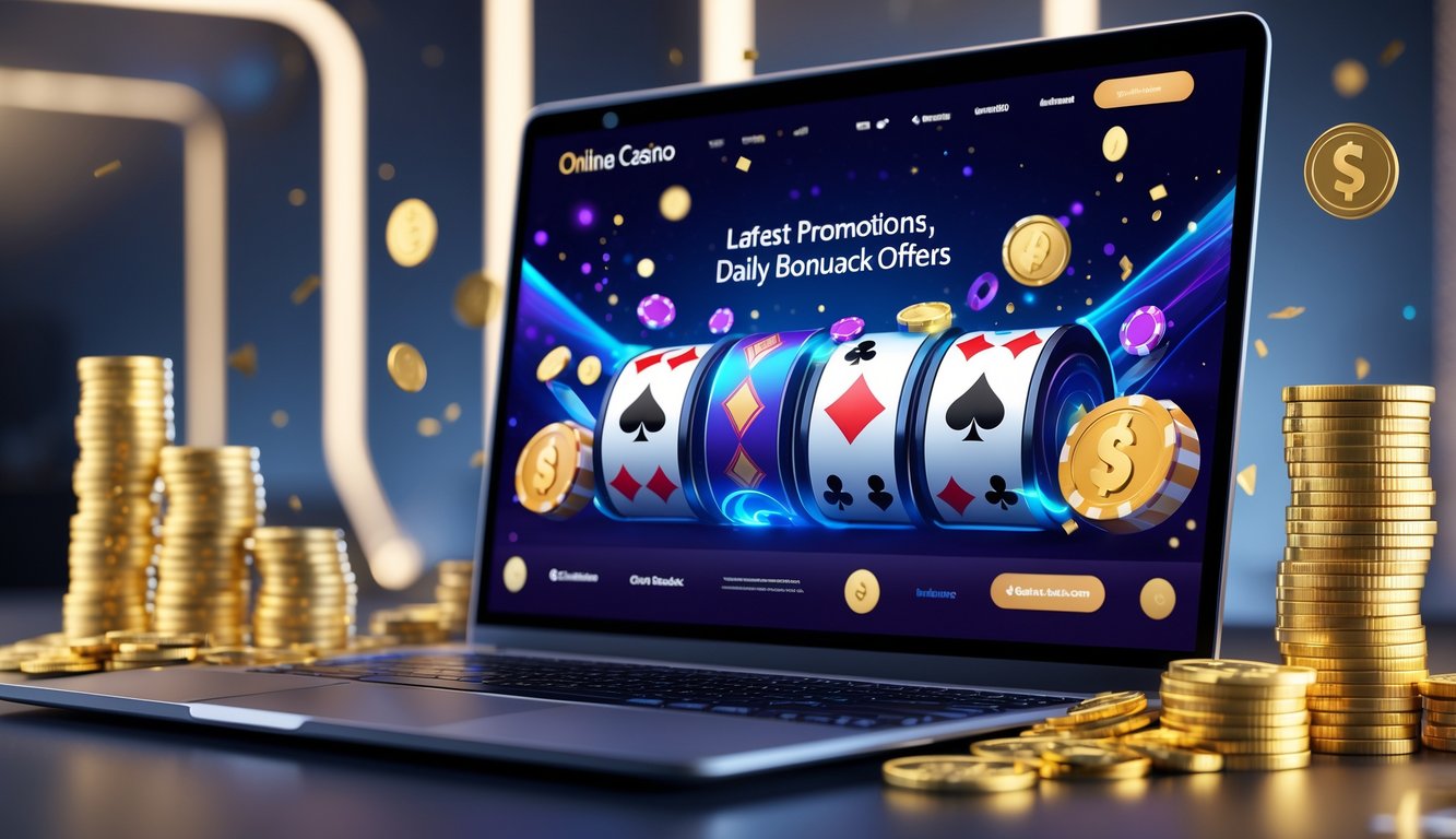 Suasana kasino online dengan layar komputer menampilkan permainan dan simbol bonus seperti koin emas dan tumpukan uang.