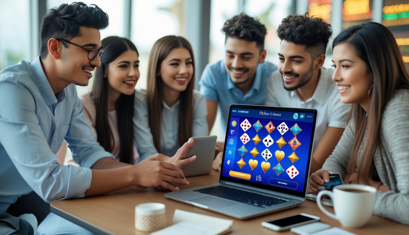 Sekelompok orang muda sedang menggunakan laptop untuk bermain kasino online dengan antusias di meja yang rapi.