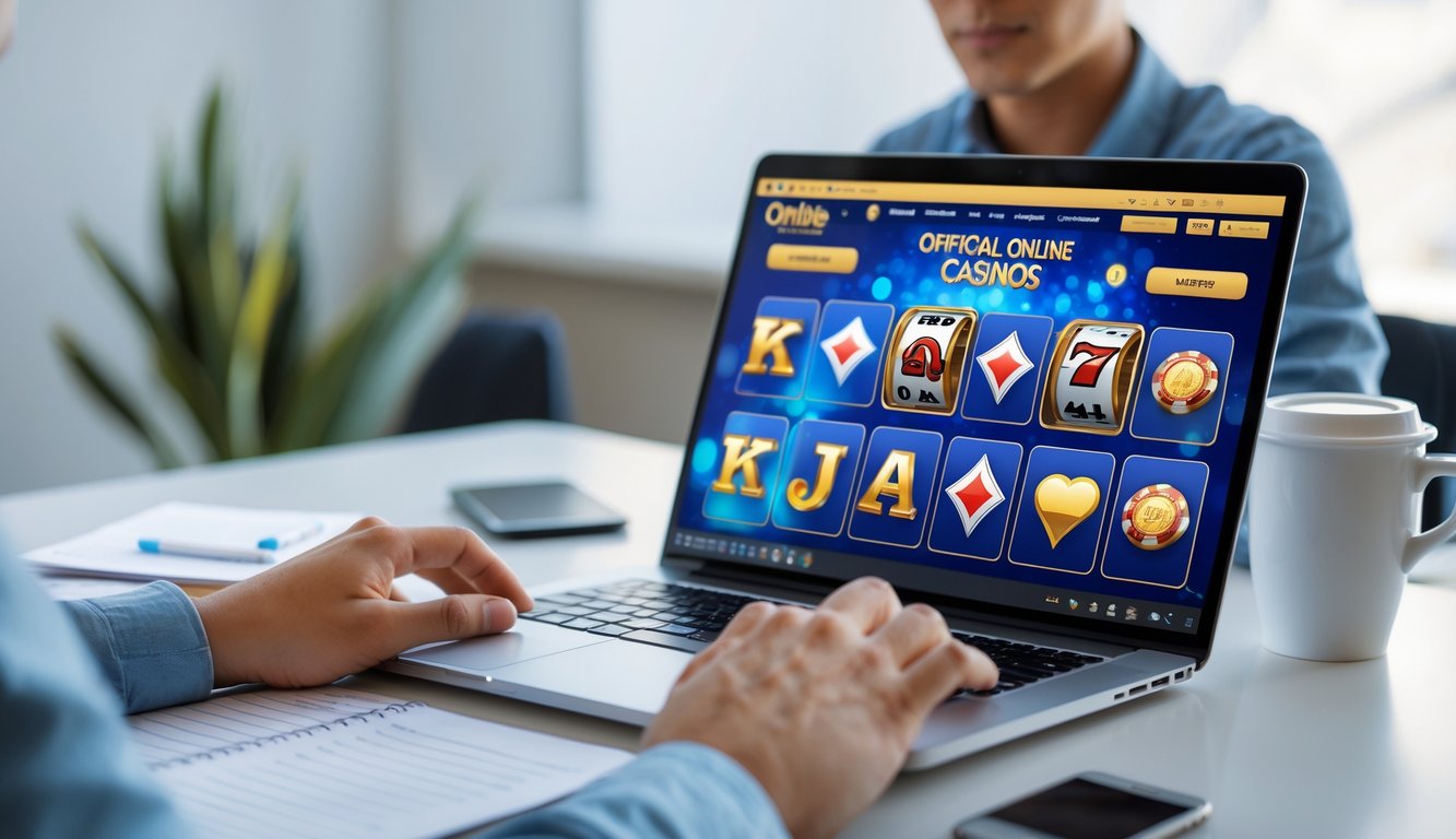 Seorang pemula sedang menggunakan laptop yang menampilkan permainan kasino online resmi di sebuah meja kerja yang rapi.