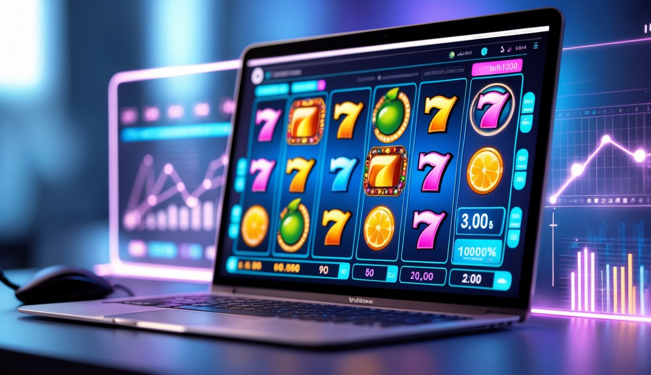 Layar komputer menampilkan permainan slot online dengan gulungan berwarna-warni dan grafik statistik di latar belakang yang kabur.