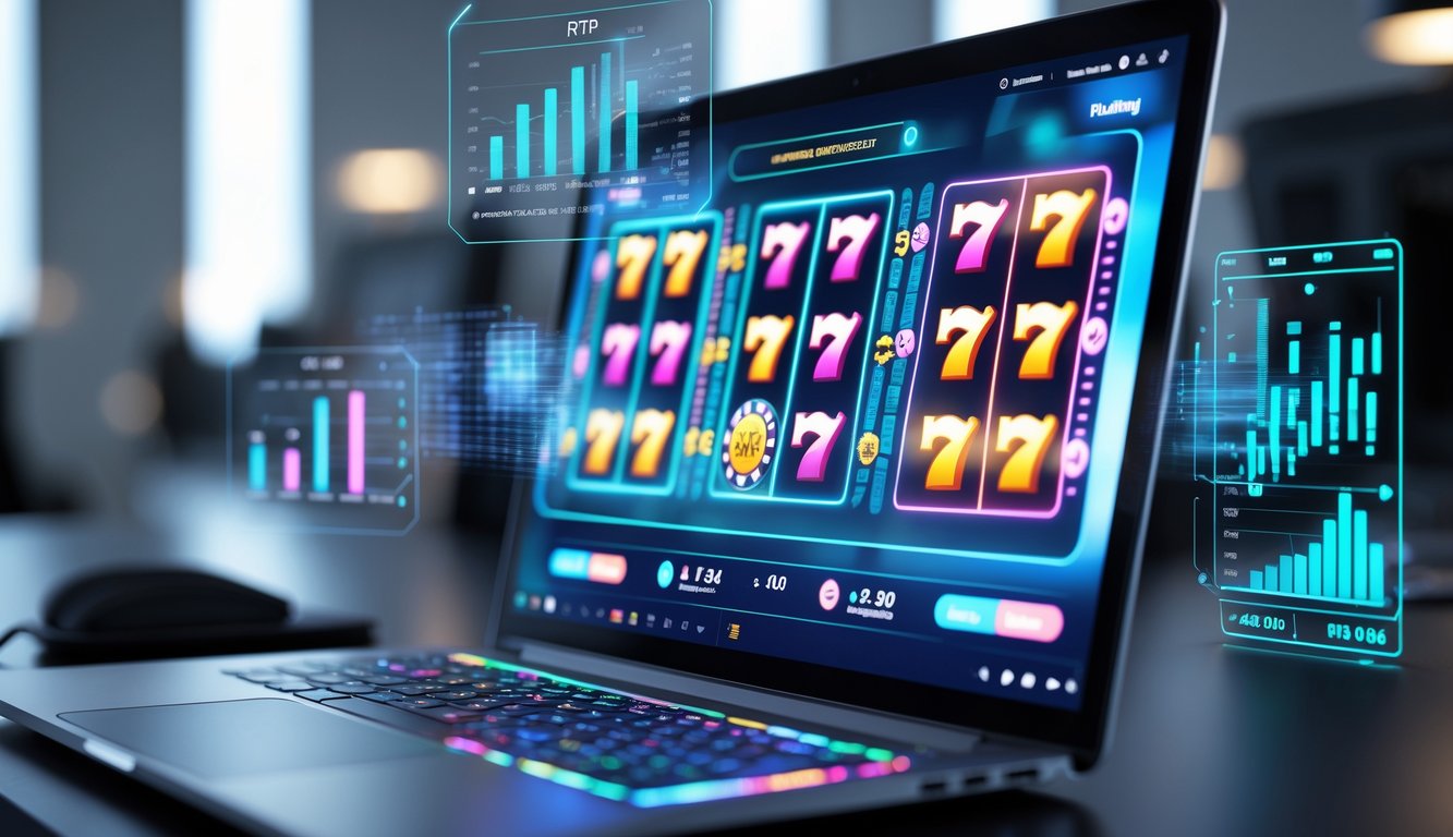Seorang pengguna duduk di depan komputer dengan layar menampilkan permainan slot online dan grafik data statistik RTP yang sedang diperbarui secara langsung.