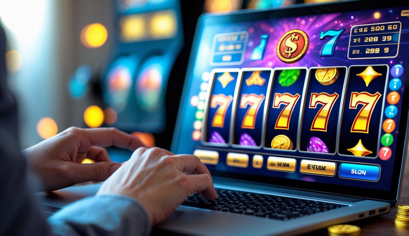 Seseorang menggunakan komputer dengan layar menampilkan permainan slot online yang berwarna-warni.