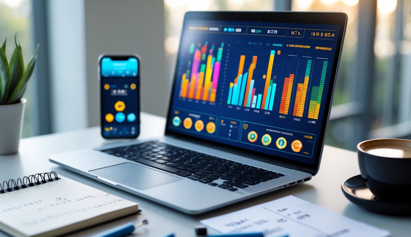 Meja kerja dengan laptop yang menampilkan grafik data permainan slot online dan smartphone dengan tampilan permainan slot, disertai catatan dan secangkir kopi.