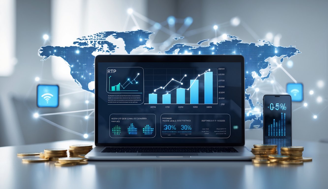 Seorang profesional bekerja di depan laptop dengan grafik dan ikon slot online, menunjukkan data akurat tentang pengembalian permainan slot.
