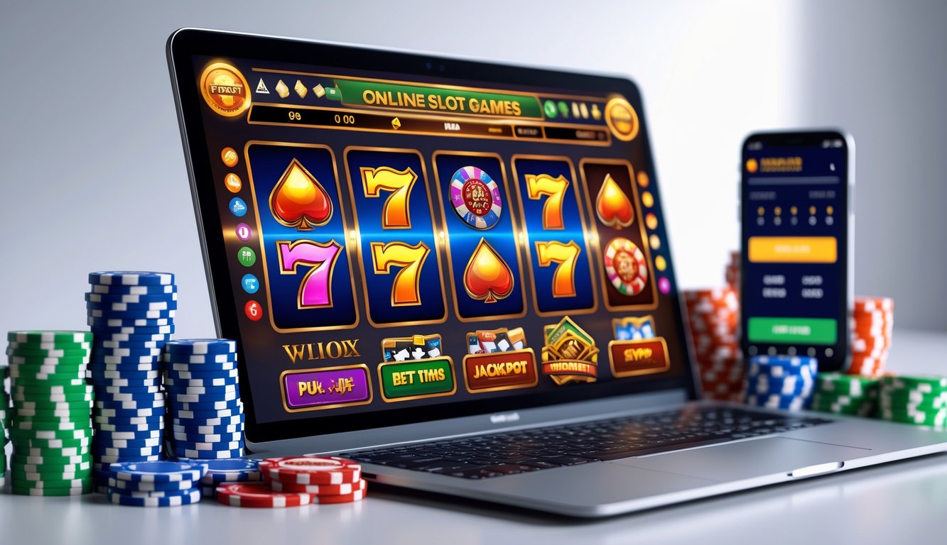 Sebuah layar komputer menampilkan permainan slot online dengan simbol warna-warni, dikelilingi oleh chip poker dan kartu remi.