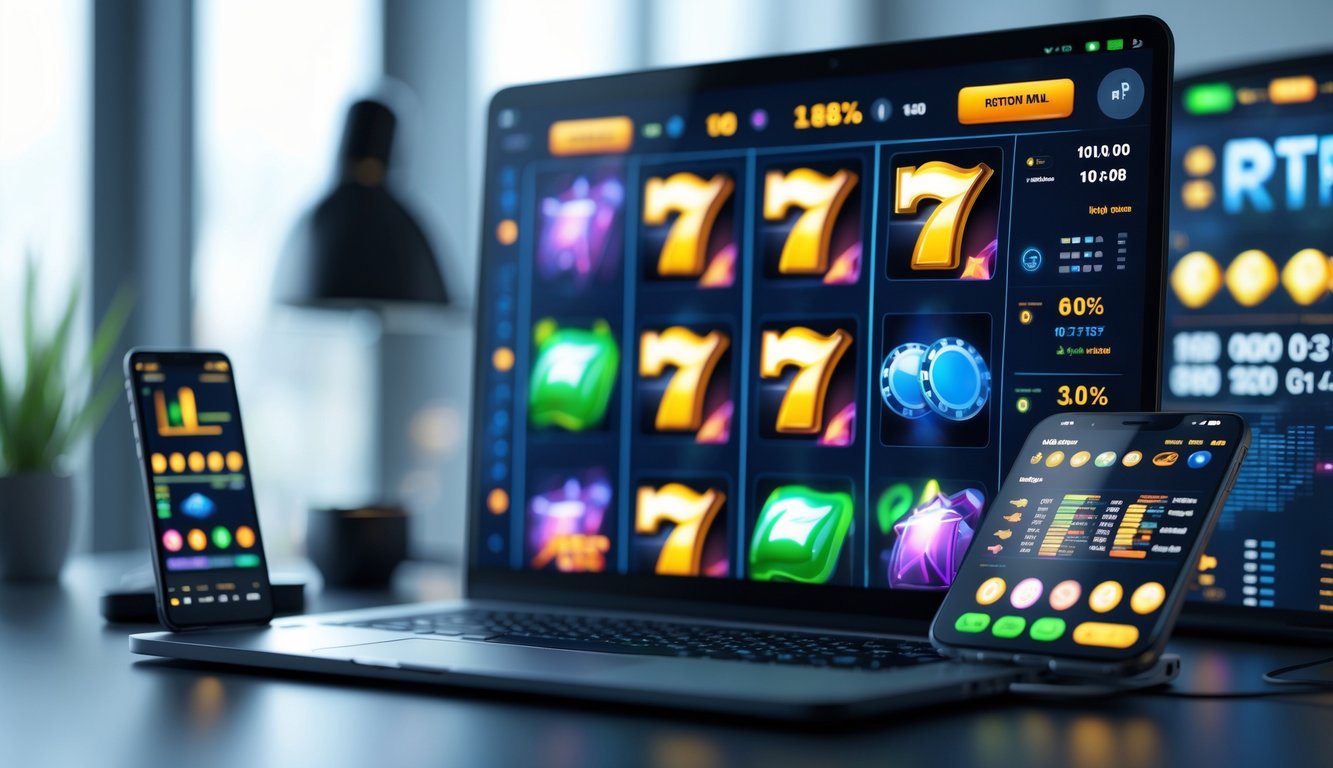 Seorang pemain menggunakan komputer dan ponsel untuk bermain permainan slot online di ruang kerja yang terang dan modern.