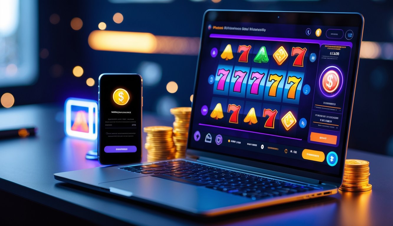 Laptop dan smartphone di meja kerja menampilkan permainan slot online dan konfirmasi transaksi.