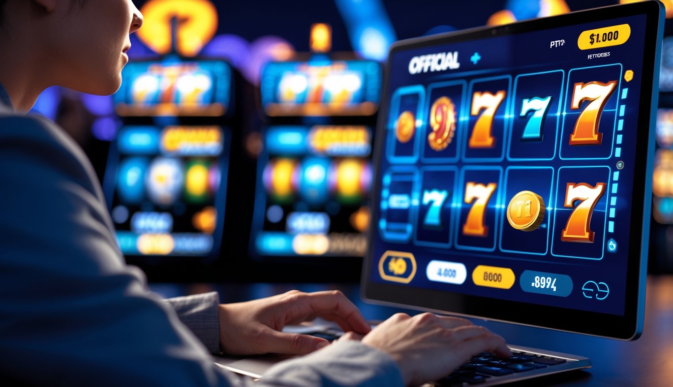 Seseorang menggunakan laptop dengan tampilan permainan slot online di layar, dikelilingi ikon keuangan yang menunjukkan transaksi cepat.