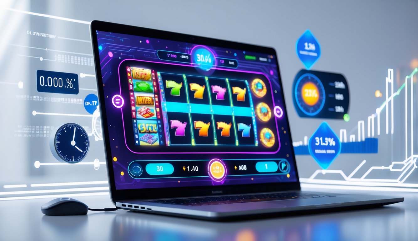 Seorang pengguna melihat layar komputer yang menampilkan permainan slot online dengan simbol berwarna cerah dan grafik data real-time di sekitarnya.