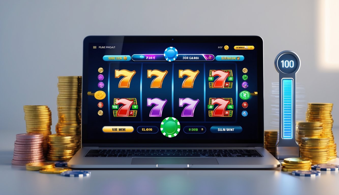 Sebuah laptop menampilkan permainan slot online dengan gulungan berwarna-warni dan simbol jackpot, dikelilingi oleh tumpukan koin emas dan chip poker.