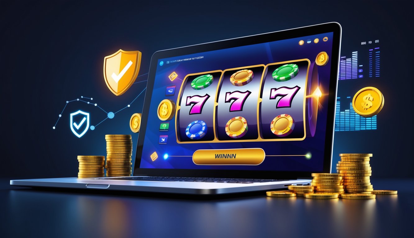 Seorang pengguna komputer dengan tampilan permainan slot online berwarna cerah dan simbol jackpot, dikelilingi ikon keamanan dan grafik keuangan.