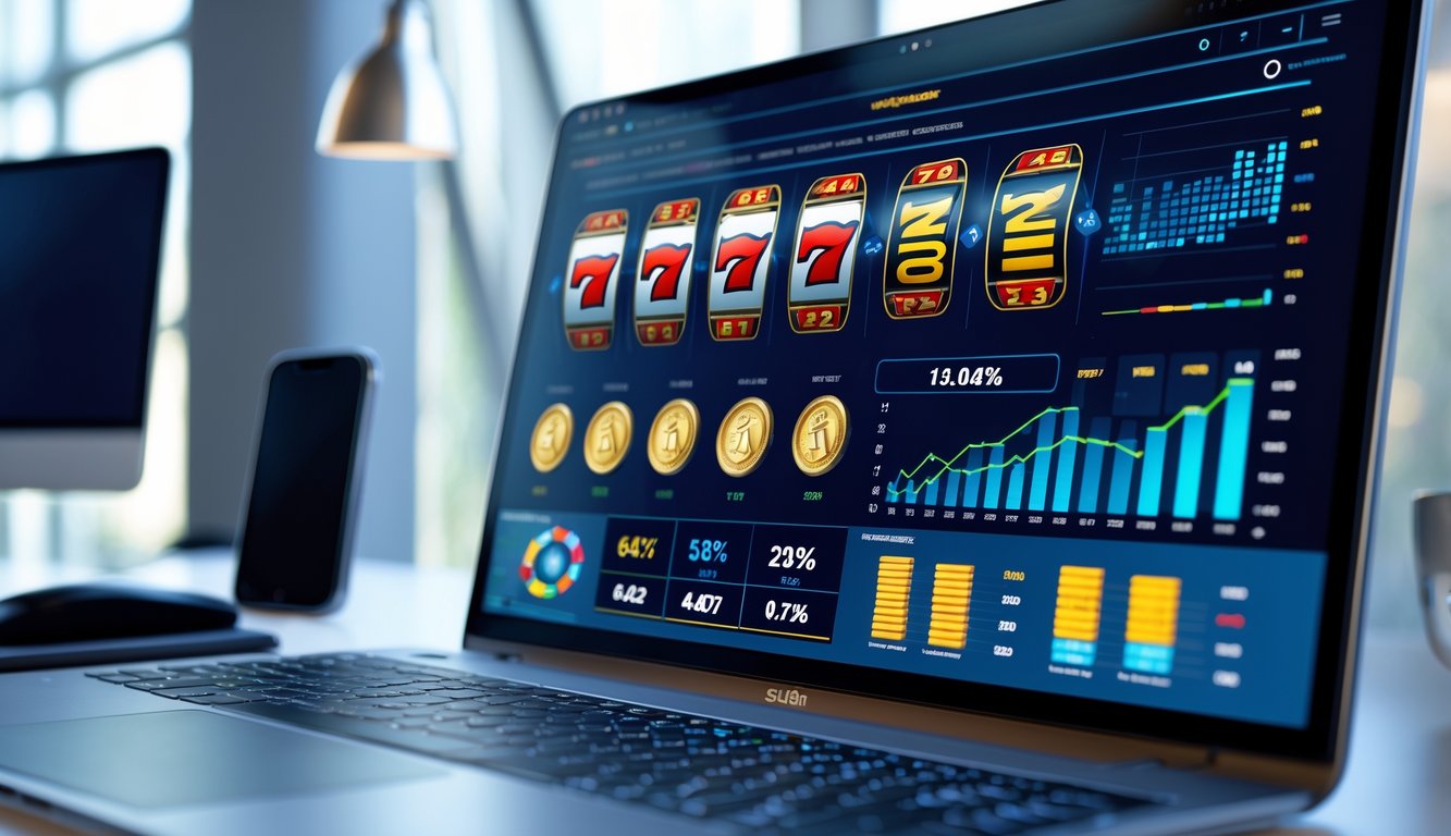 Layar komputer menampilkan permainan slot online dengan grafik dan statistik lengkap di meja kerja yang rapi.