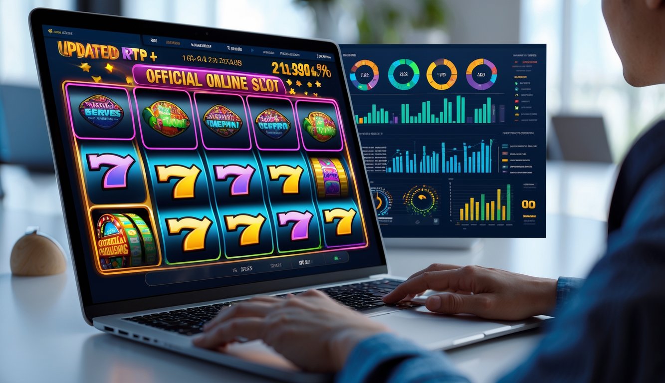 Seorang profesional sedang menganalisis data statistik permainan slot online resmi di depan komputer dengan grafik mesin slot dan diagram statistik di layar.
