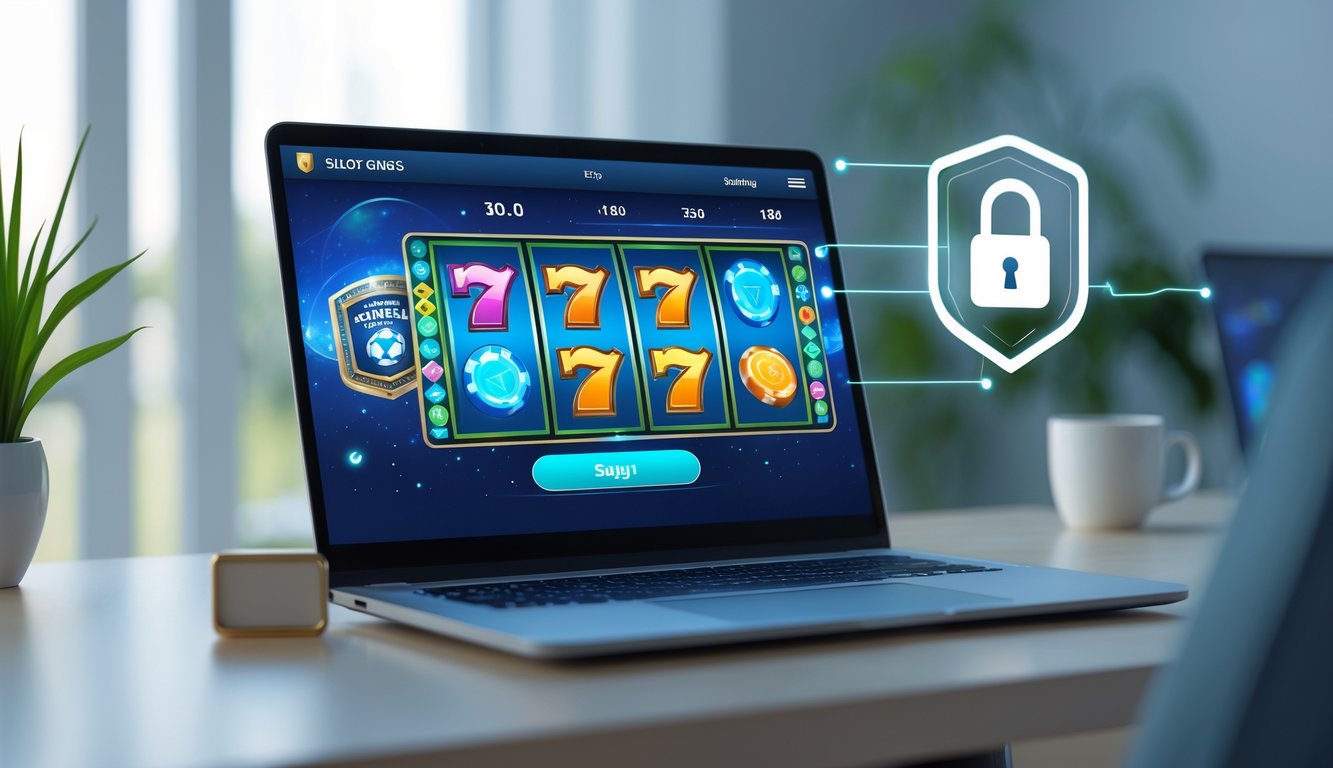 Sebuah komputer menampilkan permainan slot online dengan latar belakang ruang kerja yang rapi dan pencahayaan alami.