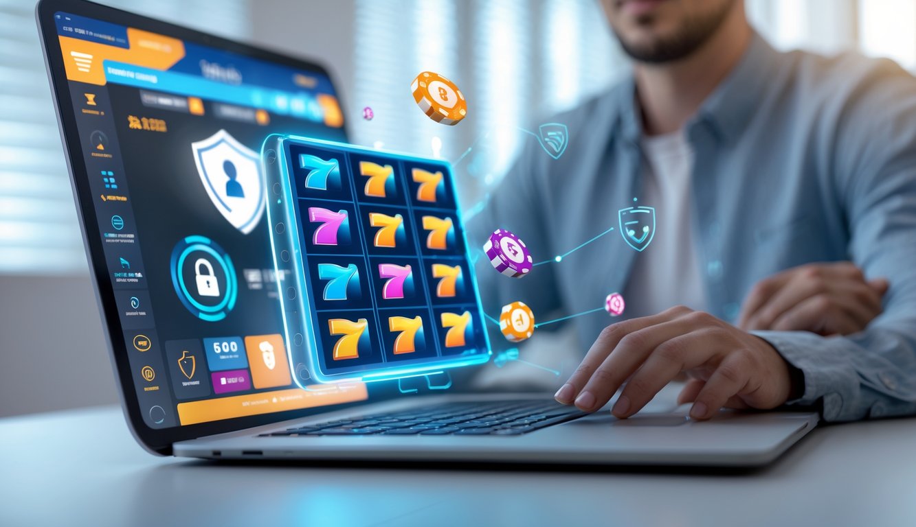 Seseorang menggunakan laptop dengan tampilan permainan slot online di layar, dikelilingi ikon keamanan seperti gembok dan perisai.