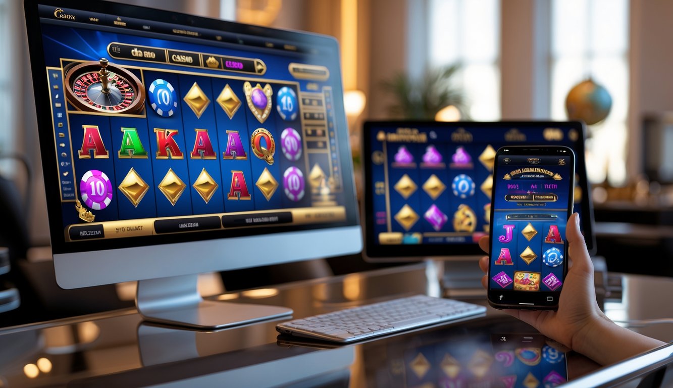 Suasana ruang kantor modern dengan komputer dan ponsel menampilkan permainan kasino online yang berwarna-warni.