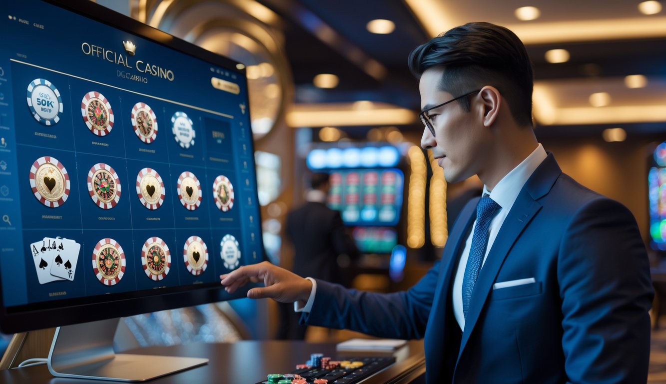 Seorang profesional menggunakan komputer dengan tampilan permainan kasino online di lingkungan kantor modern.