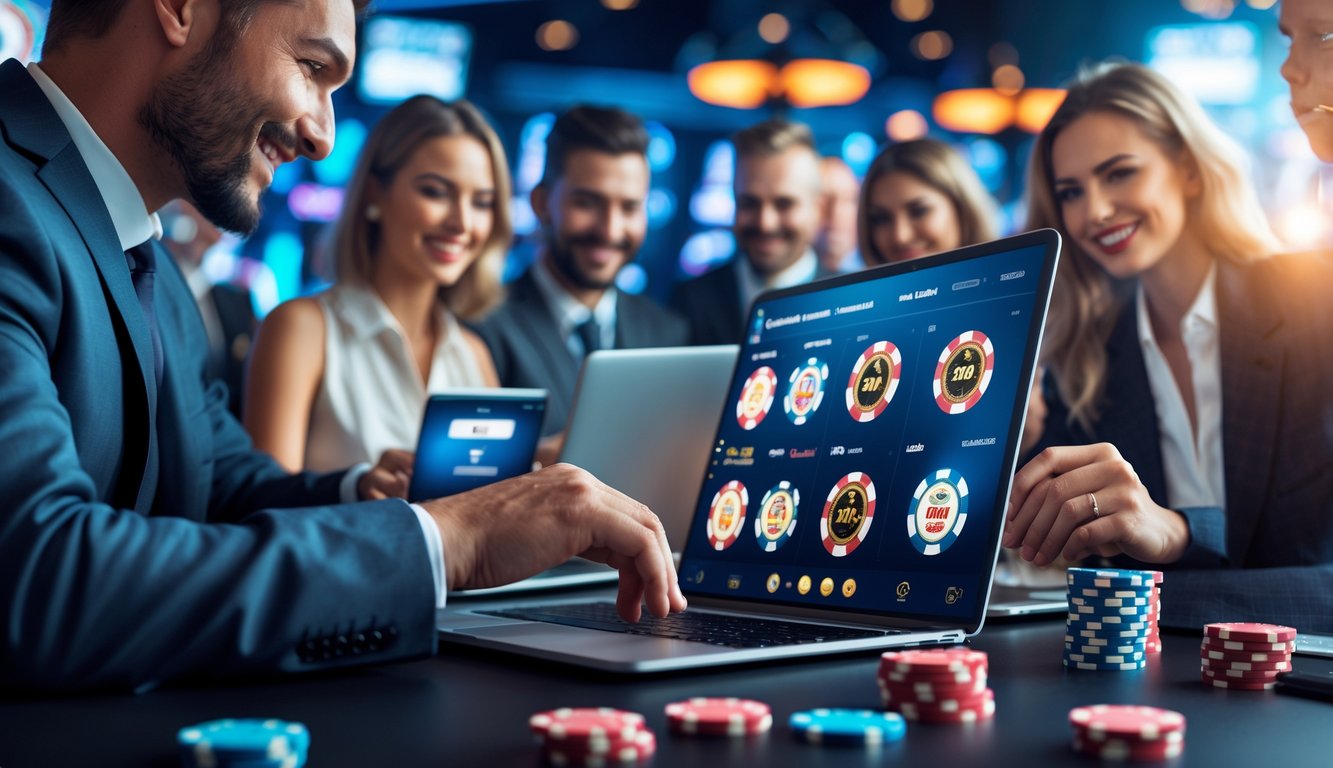 Sekelompok orang dewasa menggunakan laptop dan tablet di lingkungan kasino online yang modern dan profesional.