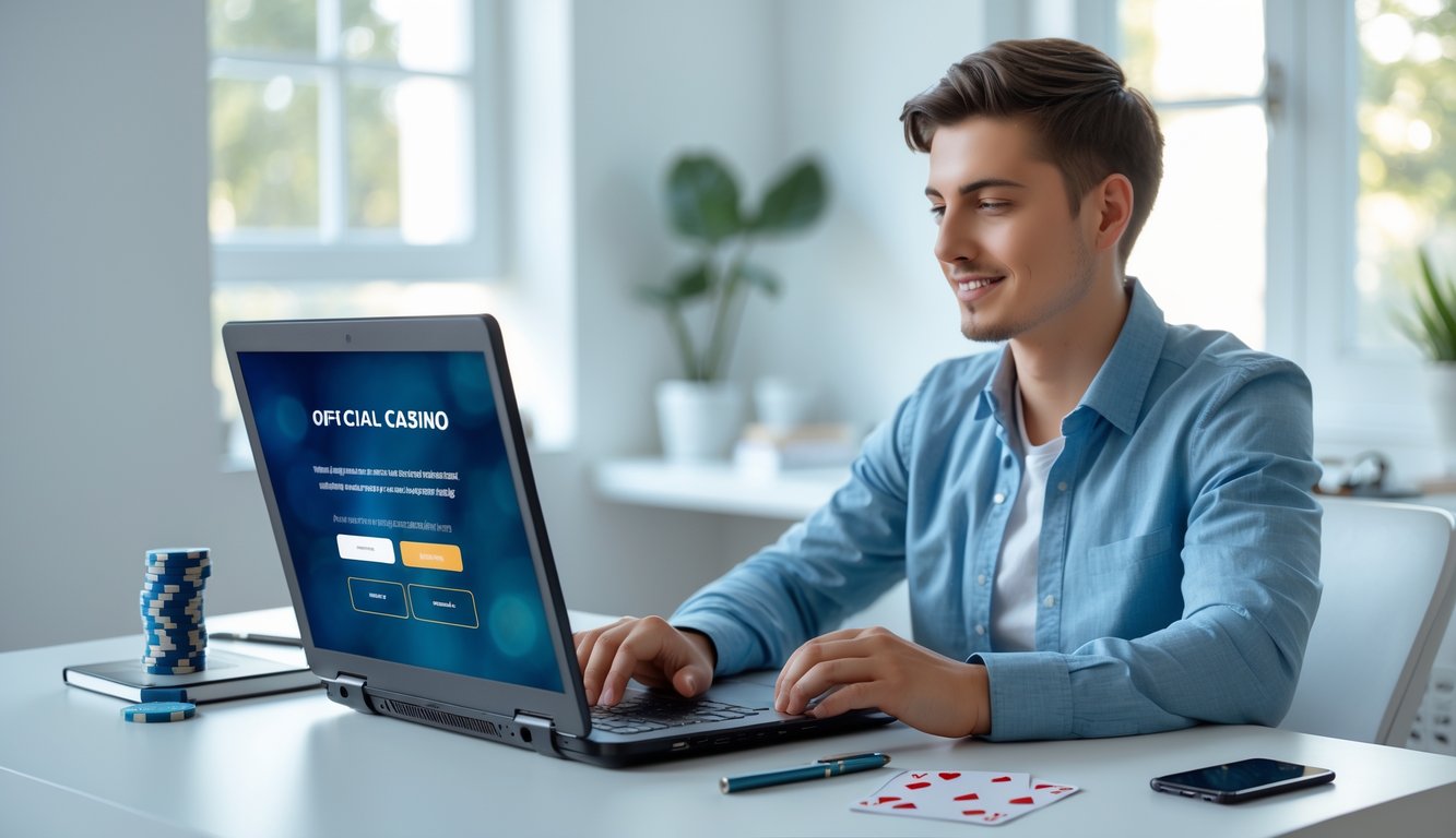 Seorang dewasa muda duduk di meja modern menggunakan laptop untuk mendaftar di situs kasino online resmi dengan suasana terang dan rapi.
