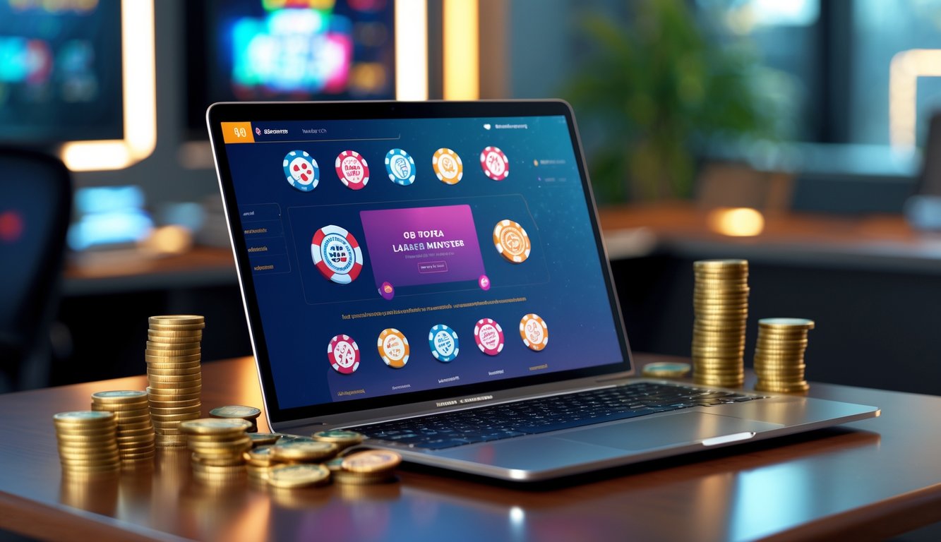 Seorang pengguna sedang melihat situs kasino online resmi di laptop dengan koin dan uang di meja, di ruangan kantor yang terang dan modern.