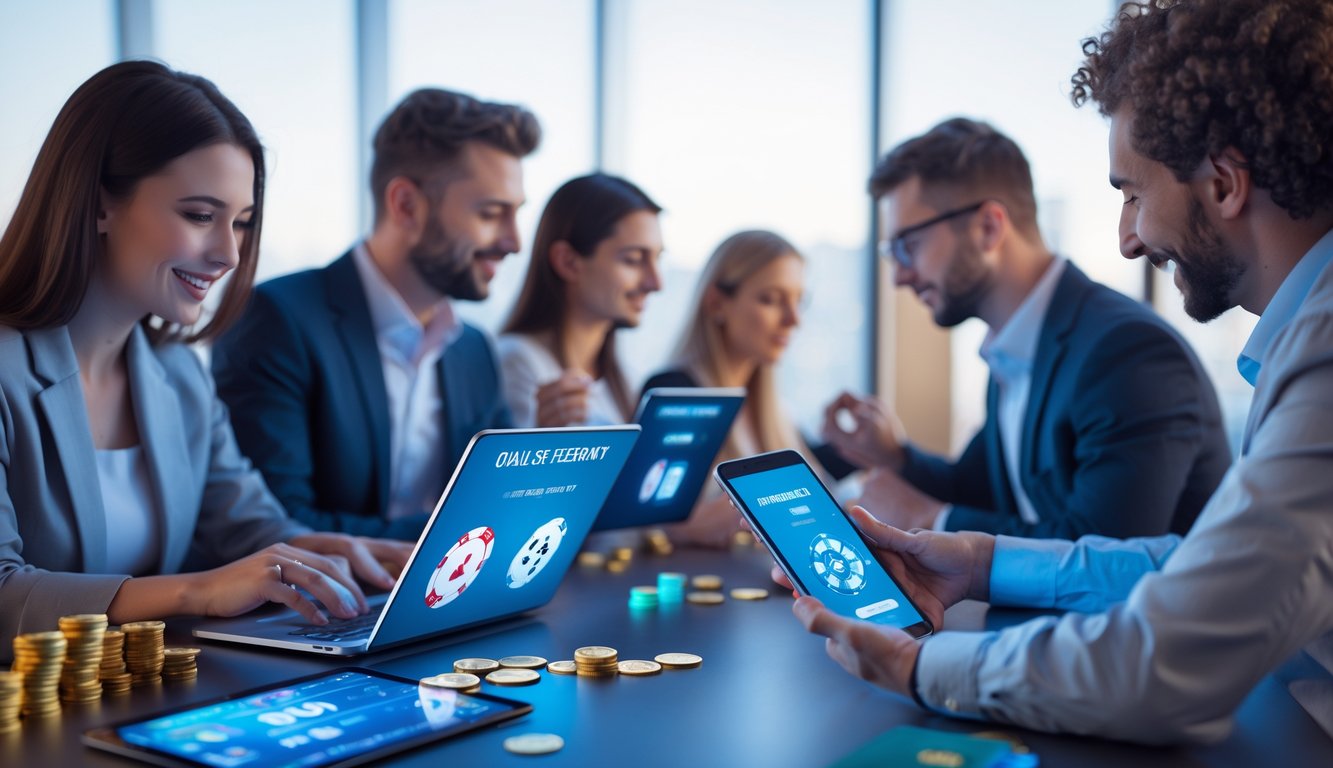 Beberapa orang menggunakan perangkat digital dengan tampilan permainan kasino online di layar di lingkungan yang terang dan modern.