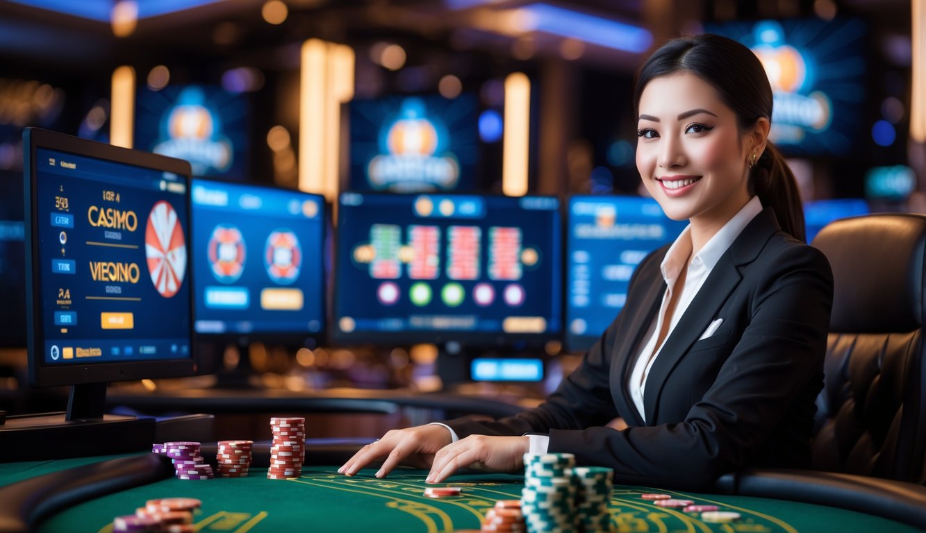 Seorang dealer langsung profesional duduk di meja kasino dengan kartu dan chip, dikelilingi oleh layar komputer yang menampilkan permainan kasino online.