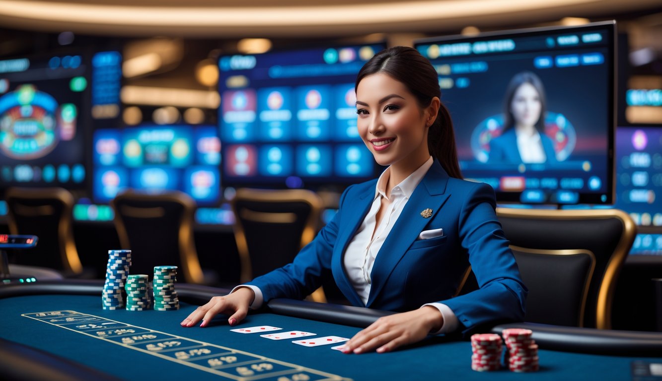Seorang dealer live profesional duduk di meja kasino dengan kartu dan chip, dikelilingi oleh layar yang menampilkan permainan kasino online.