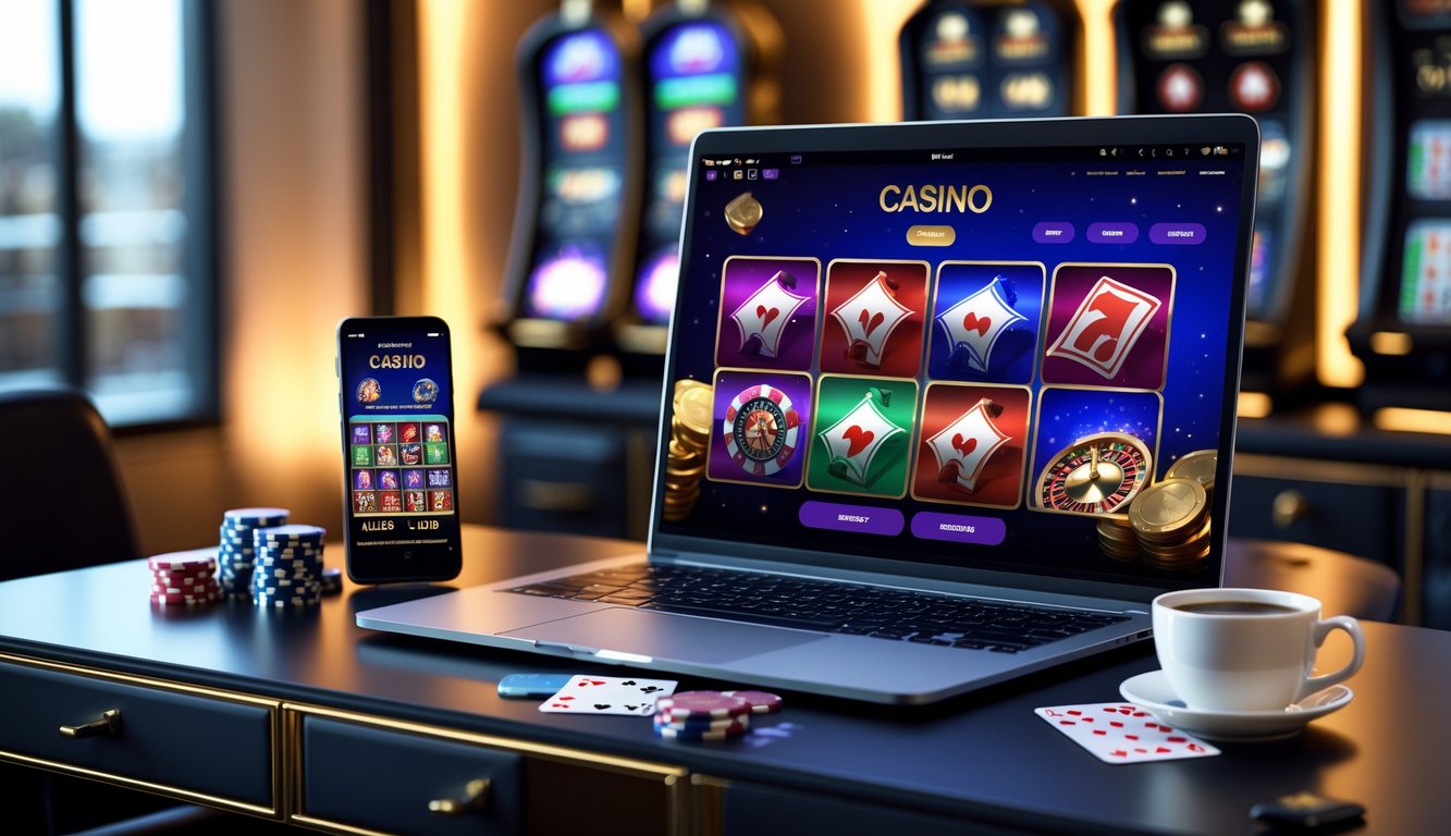 Suasana ruang kerja dengan komputer dan ponsel yang menampilkan antarmuka situs kasino online dengan chip kasino dan kartu remi di atas meja.
