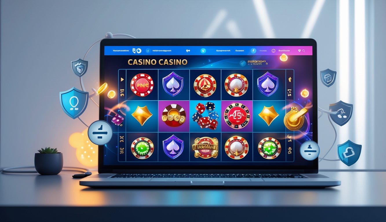 Seorang pengguna sedang mengakses situs kasino online resmi di laptop dengan tampilan permainan kasino digital yang berwarna-warni.