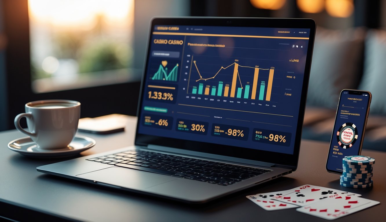 Seorang pria menggunakan laptop di meja dengan chip poker dan kartu bermain di sekitarnya.