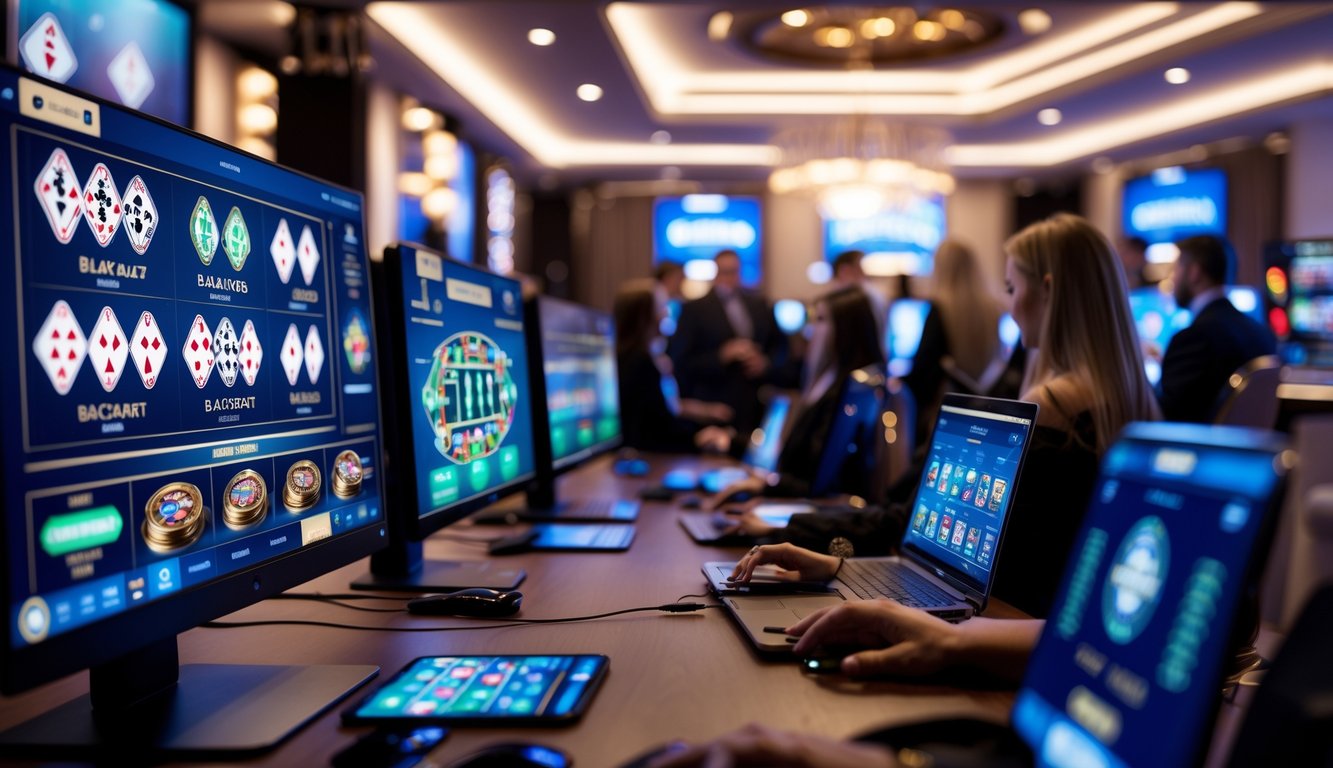 Orang-orang bermain permainan kasino langsung secara online di ruangan modern dengan layar komputer dan ponsel.