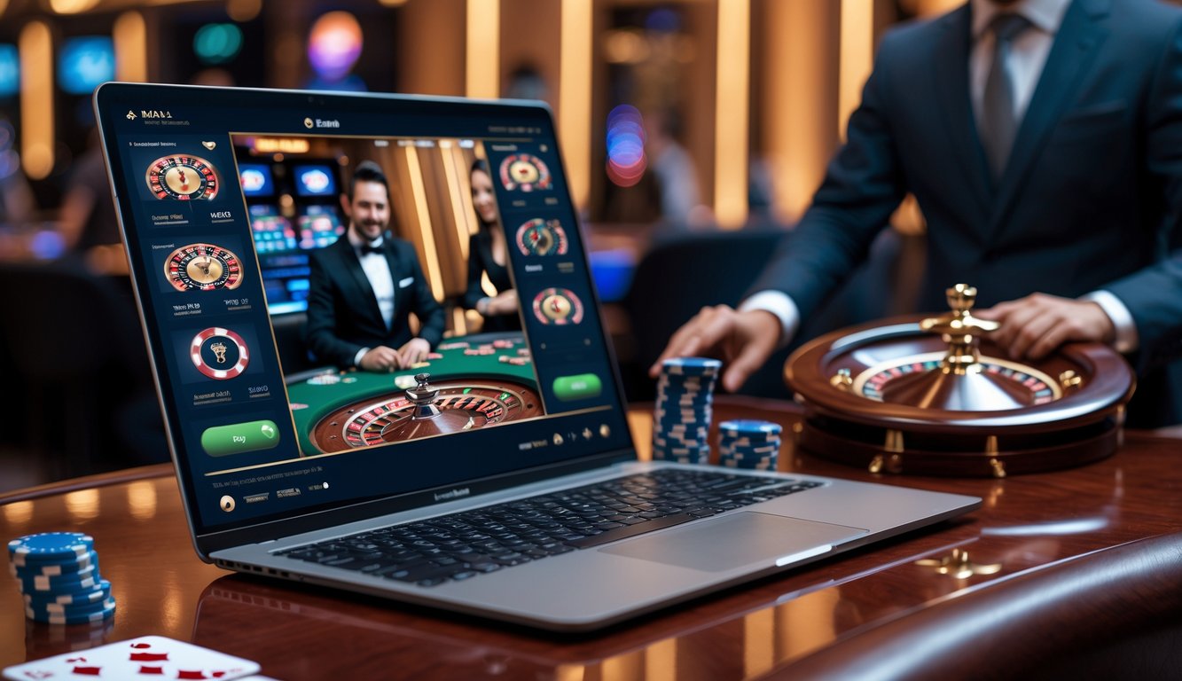 Seorang dealer kasino langsung yang sedang bermain di layar komputer dengan chip poker dan kartu remi di atas meja kayu.