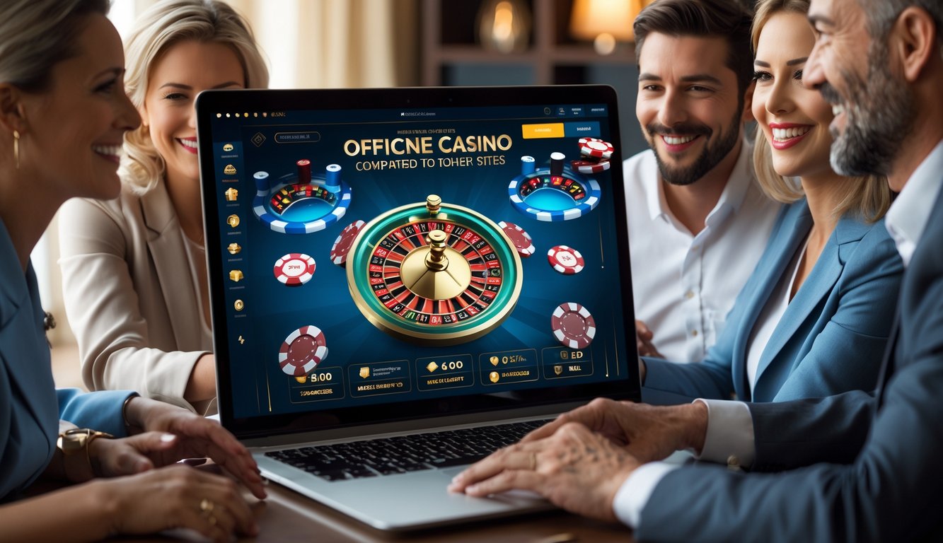 Orang-orang menggunakan laptop dengan tampilan permainan kasino online resmi di layar, terlihat senang dan percaya diri.