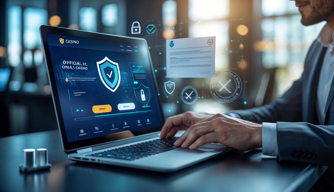 Seseorang menggunakan komputer yang menampilkan situs kasino online resmi dengan ikon keamanan dan dokumen legal di sekitarnya.